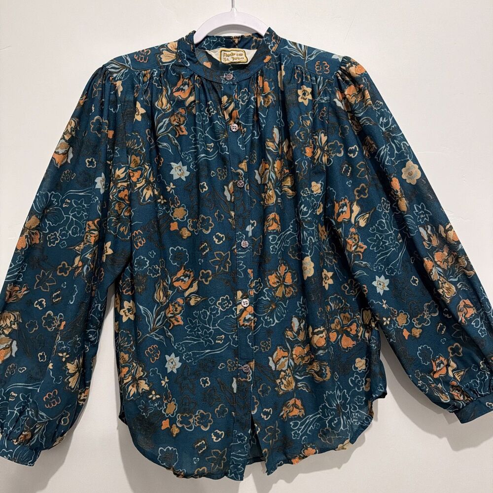 Vintage Andrew St. John Teal Floral Blouse Cottagecore Puff Sleeve Button-Up L